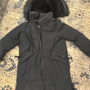 DKNY Black Quilted Long Puffer Coat with Faux Fur Trim Hood